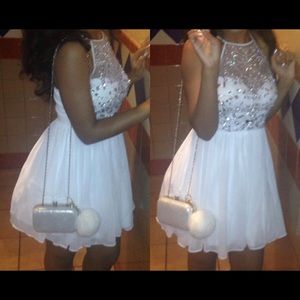 White Halter Embellished Short Prom Dress